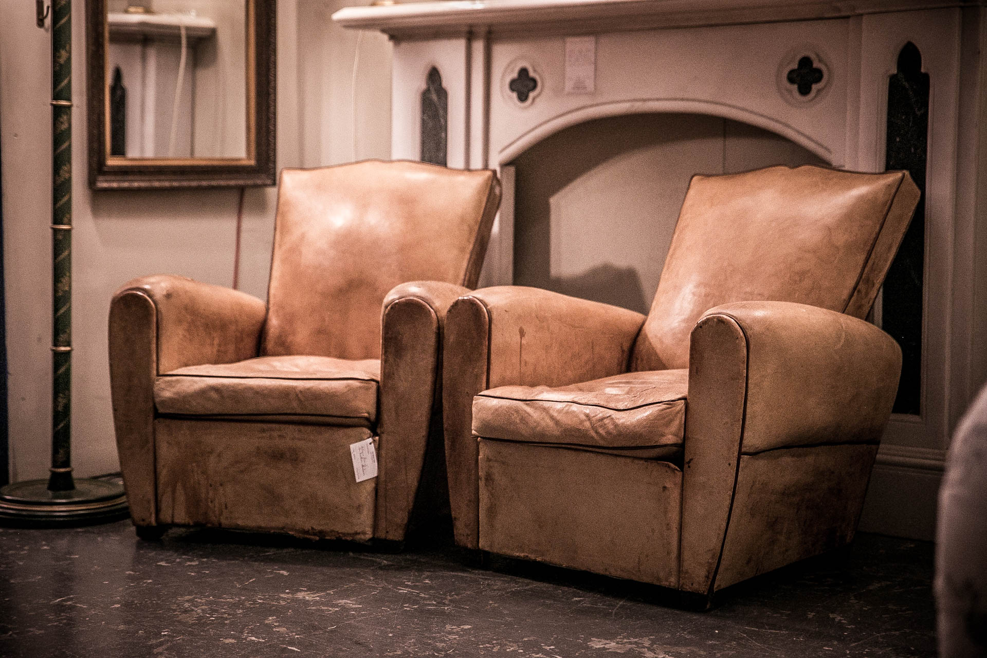 Pair Of Antique Tan Leather Club Chairs, Leather Club Chairs